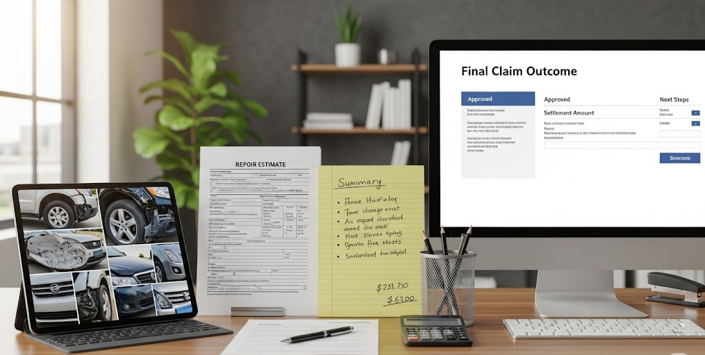 Appraiser workflow with estimate paperwork, summary notes, vehicle damage photos, and final claim outcome on screen