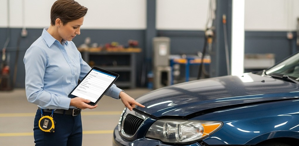 Appraiser inspecting a damaged vehicle with a tablet in a repair setting