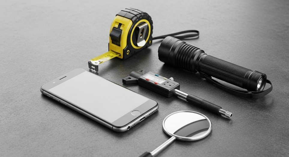 Independent auto damage appraiser tools including tape measure, flashlight, phone, and inspection mirror